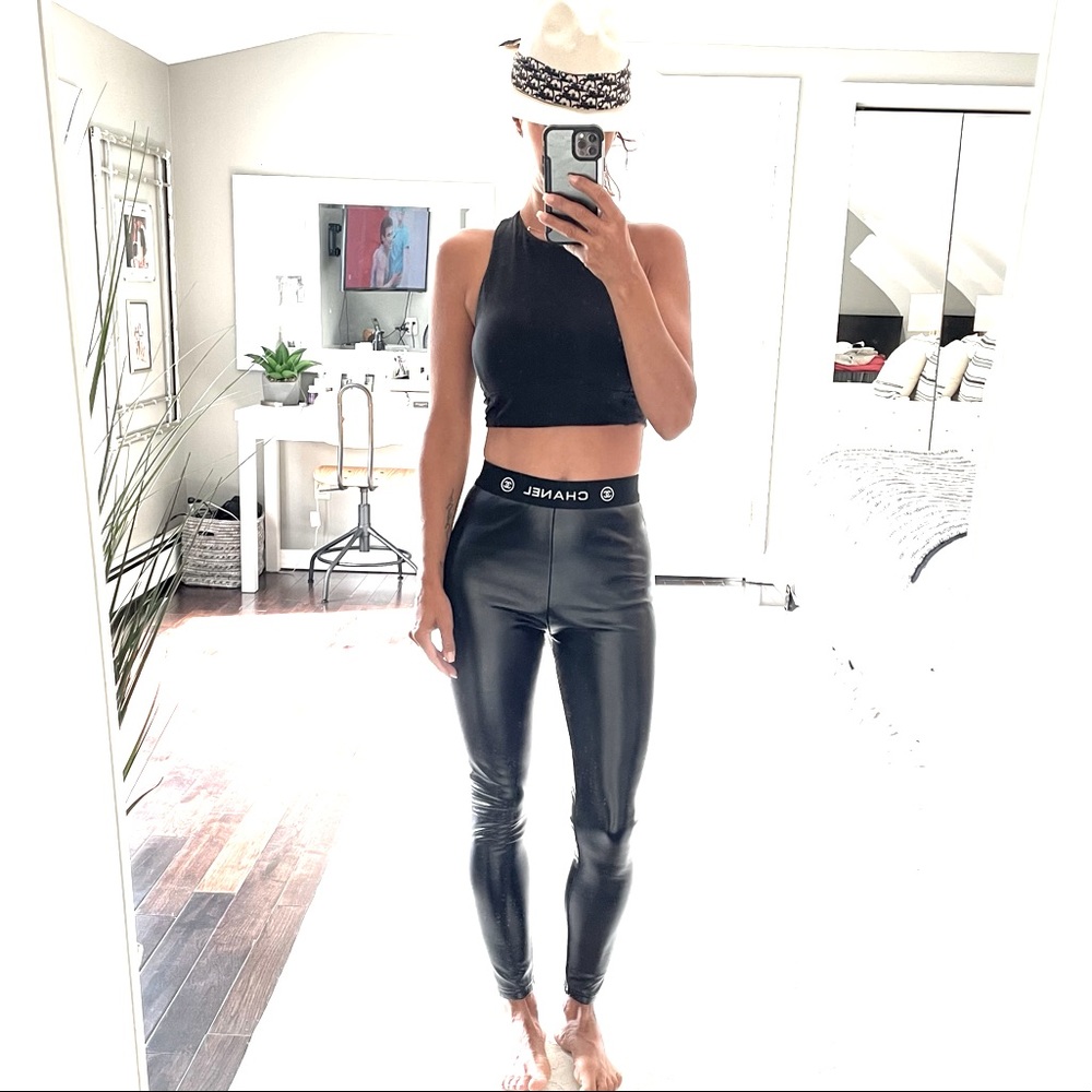 CHANEL black faux leather leggings Euro 40 fits size small logo elastic band